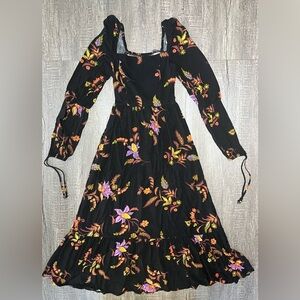 SO Black with Orange Floral Long Sleeve Sundress Whimsigoth Wedding Guest